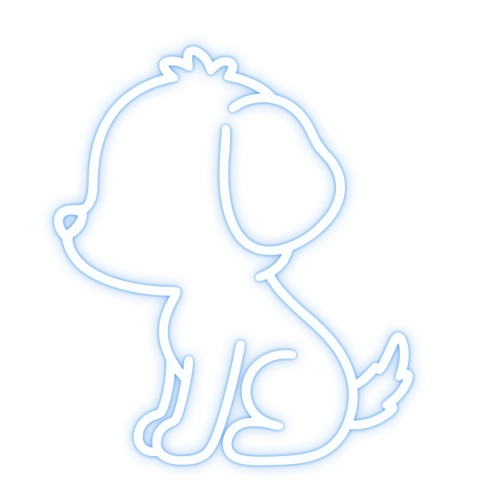 Blue neon outline of a sitting dog facing left with tail curled up.