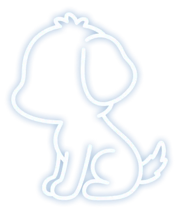 Blue neon outline of a sitting dog facing left with tail curled up.