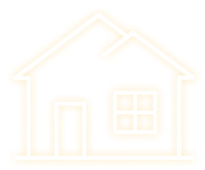 Glowing orange outline of a house with a door and window on a black background.