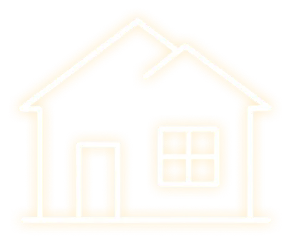 Glowing orange outline of a house with a door and window on a black background.