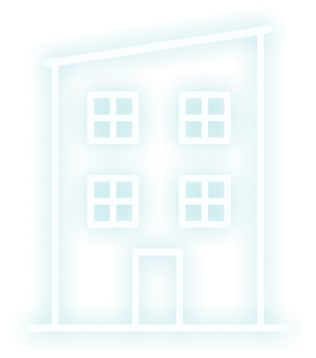 Neon-style icon of a modern building with four windows and a central door.