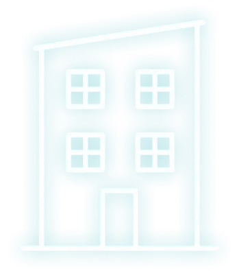 Neon-style icon of a modern building with four windows and a central door.
