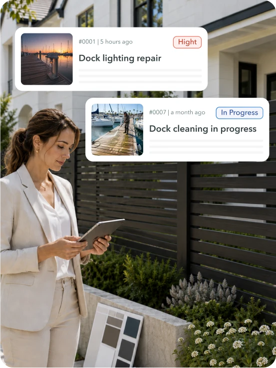 Woman in beige suit holding tablet outside near house with overlay of dock repair and cleaning status cards.