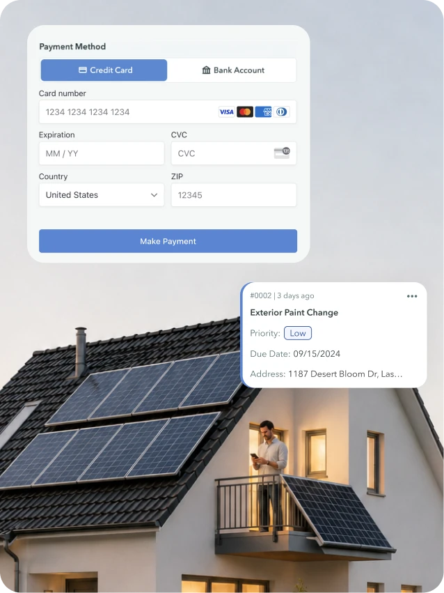 Man on balcony of solar-paneled house with overlay of online credit card payment and paint change notice.