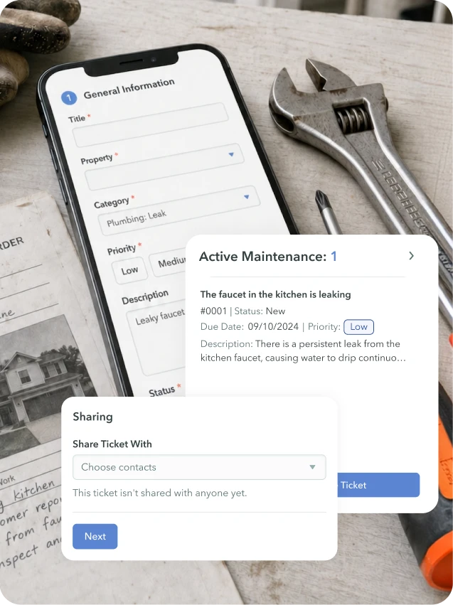Smartphone displaying home maintenance app next to tools and note about kitchen faucet leak repair.