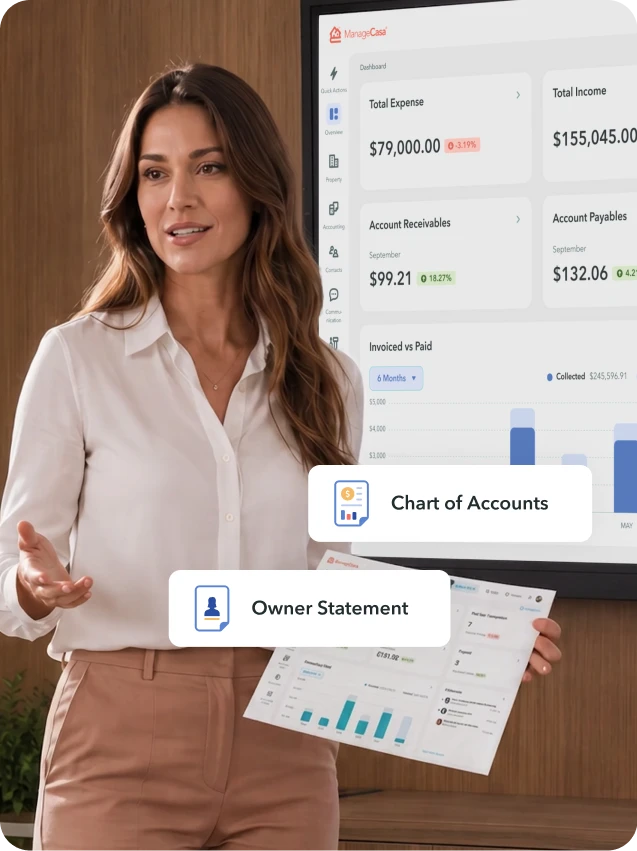 Woman presenting financial data on screen and paper, showing total income, expenses, and account summaries.