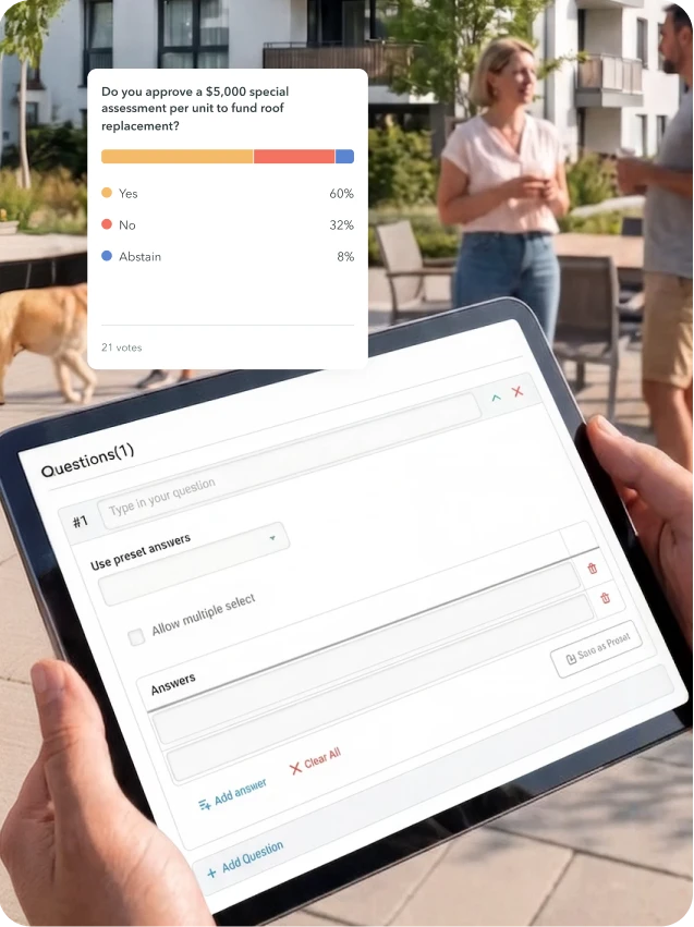 Tablet showing online election poll and question setup with people and dog in background outdoors.