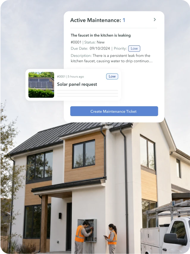 Two maintenance workers in orange vests working outside a modern house with maintenance ticket interface overlay.