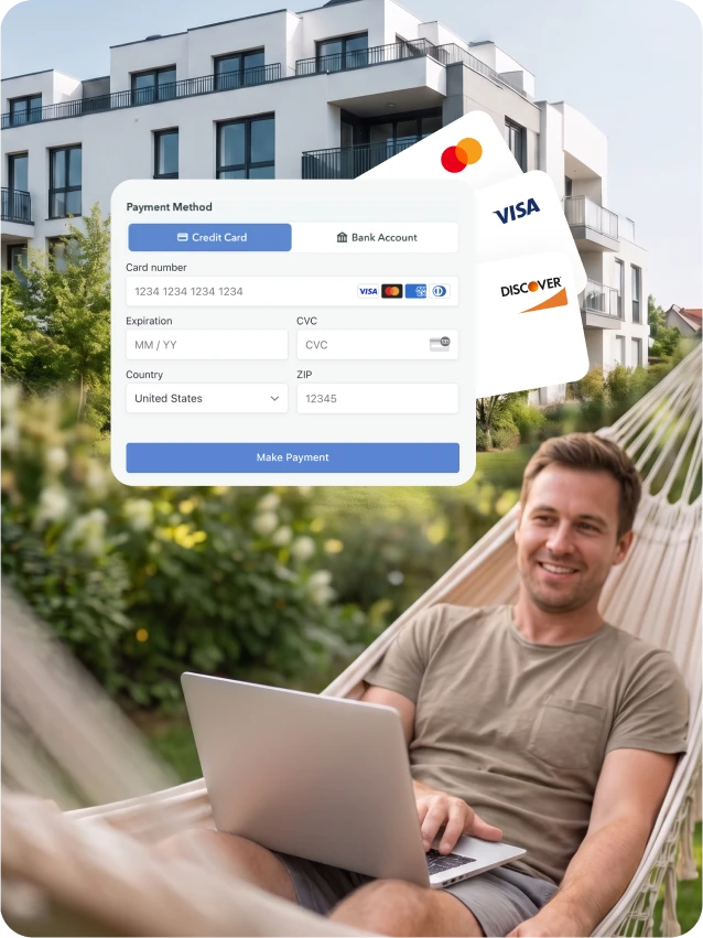 Man relaxing on hammock outdoors using laptop with an online credit card payment form overlay.