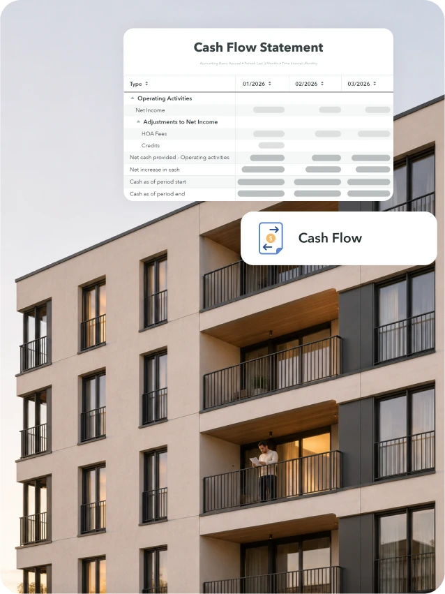 Modern apartment building facade at sunset with person on balcony and overlay of a cash flow statement.