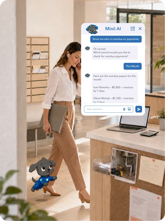 Woman walking in office with laptop and keys, accompanied by animated robot dog and AI chat on screen.