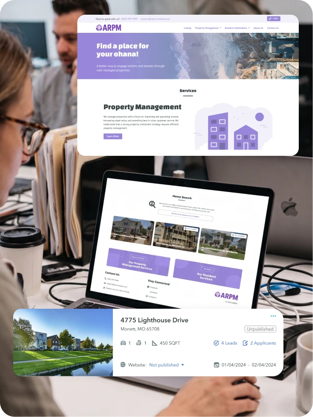 Person viewing property management website and home search for 4775 Lighthouse Drive on laptop screen.
