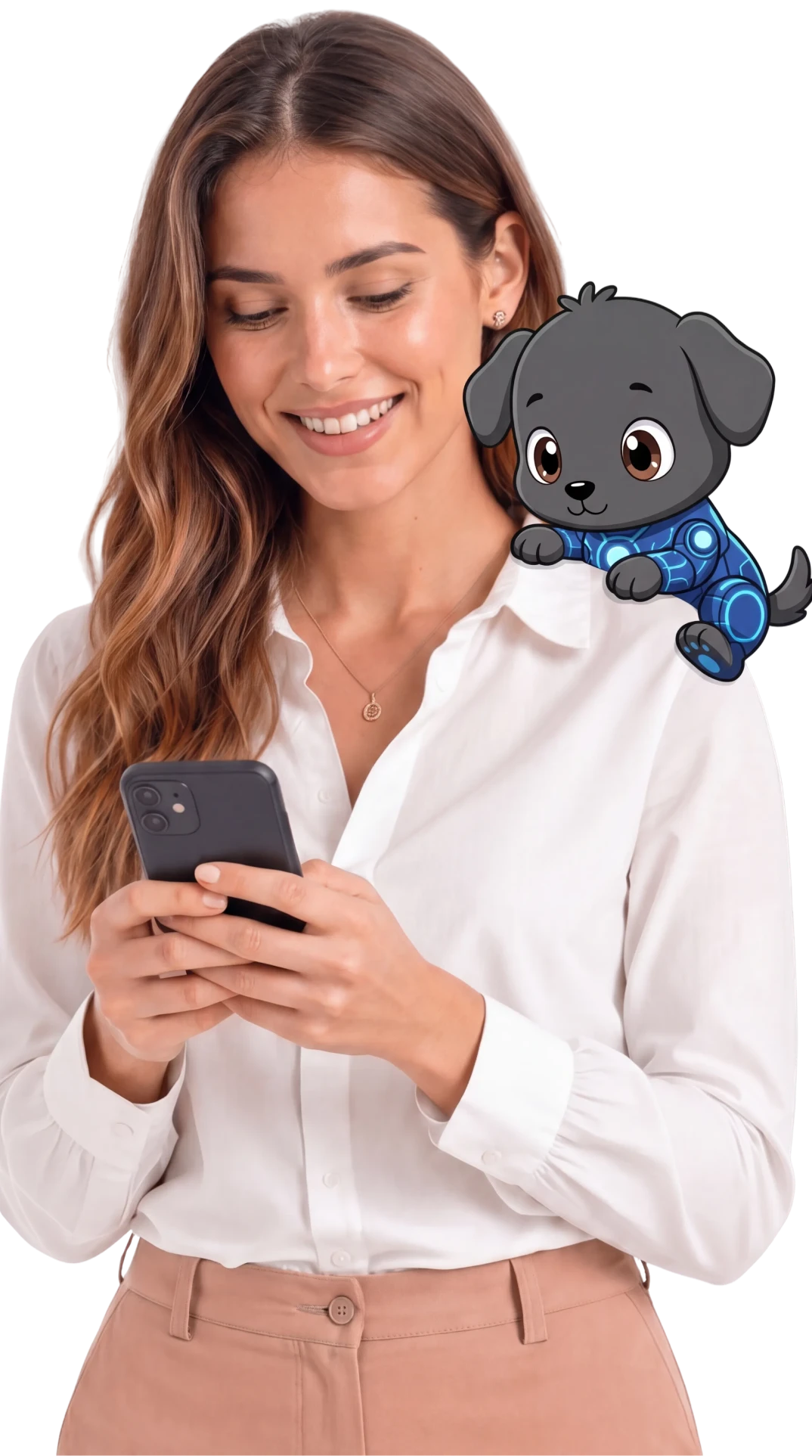 Smiling woman in white shirt looking at her phone with a small cartoon dog on her shoulder.