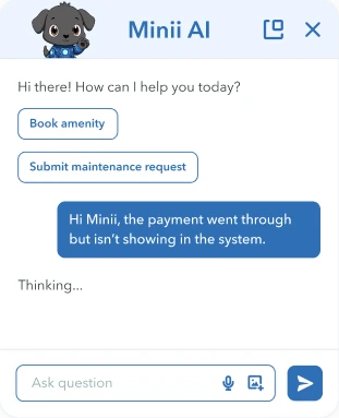 Chat interface with Minni AI showing messages about booking amenity and a payment issue.