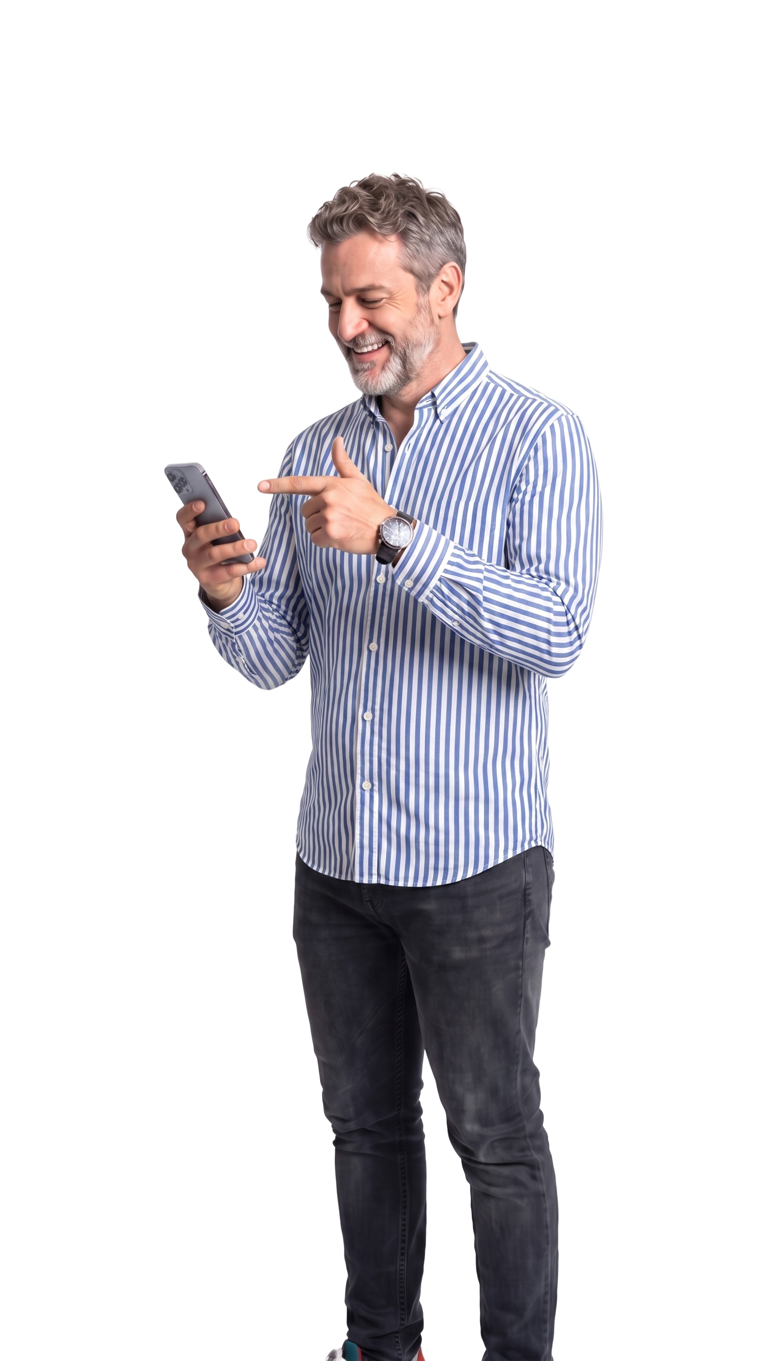 Smiling man in striped shirt pointing at his smartphone while standing.