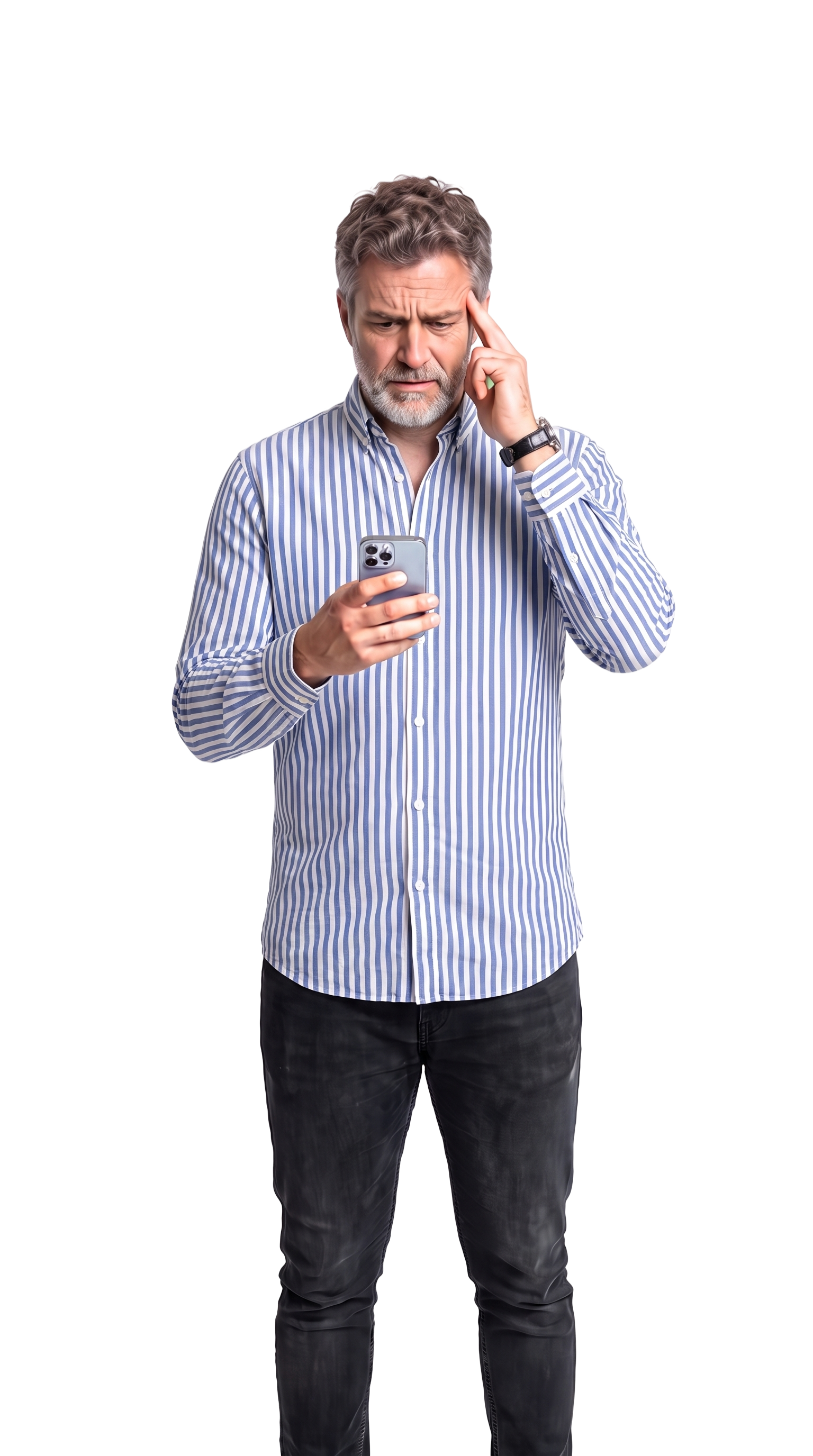 Middle-aged man in a striped shirt looks confused while holding a smartphone and touching his temple.