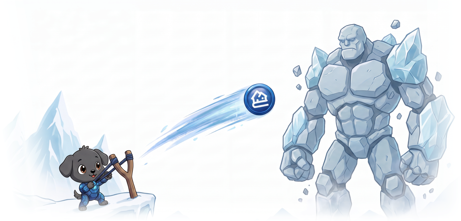 Cartoon dog with a slingshot aiming a blue glowing stone at a large ice rock giant.
