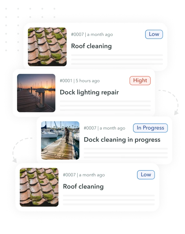 Woman in beige suit holding tablet outside near house with overlay of dock repair and cleaning status cards.