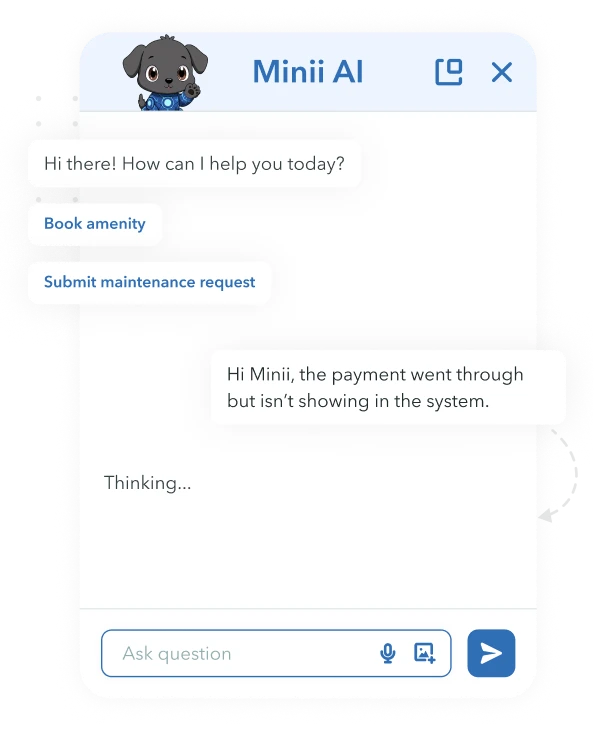 Woman walking in office with laptop and keys, accompanied by animated robot dog and AI chat on screen.