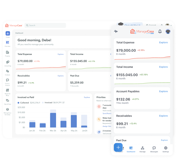 ManageCasa HOA accounting dashboard on desktop and mobile