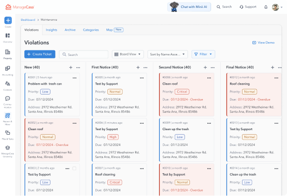 ManageCasa HOA violations tracking board