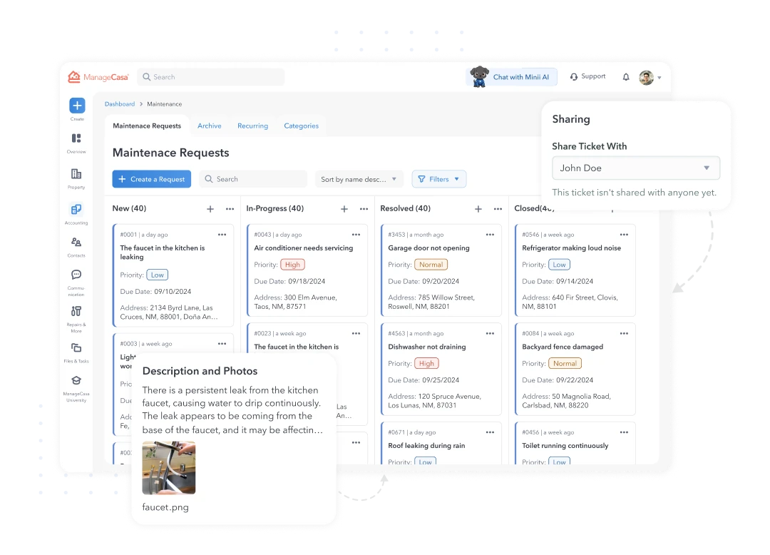 ManageCasa work order board for tracking HOA maintenance requests from new to closed