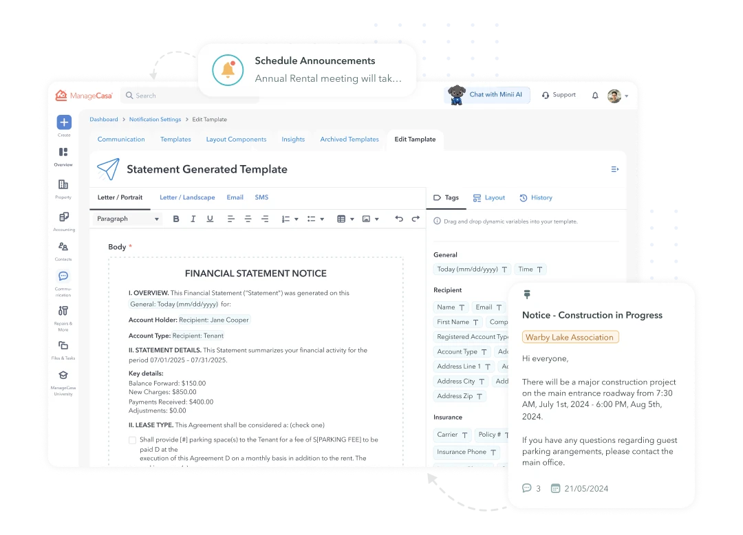 ManageCasa communications template editor with a financial statement notice and a construction notice to homeowners