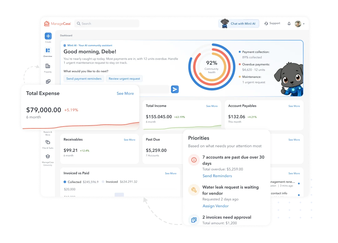 ManageCasa HOA accounting dashboard on desktop and mobile