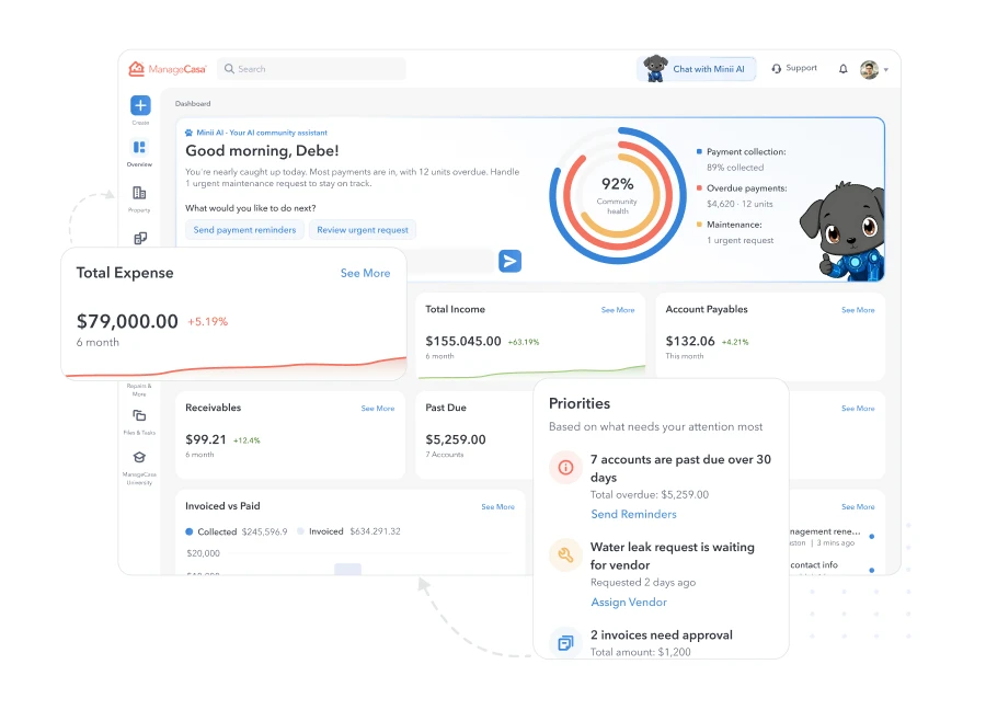 ManageCasa HOA accounting dashboard on desktop and mobile