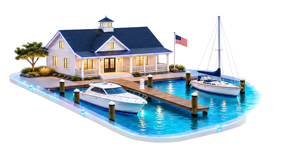 Marina with boat slips, a motorboat, a sailboat, and a clubhouse managed on one property management platform