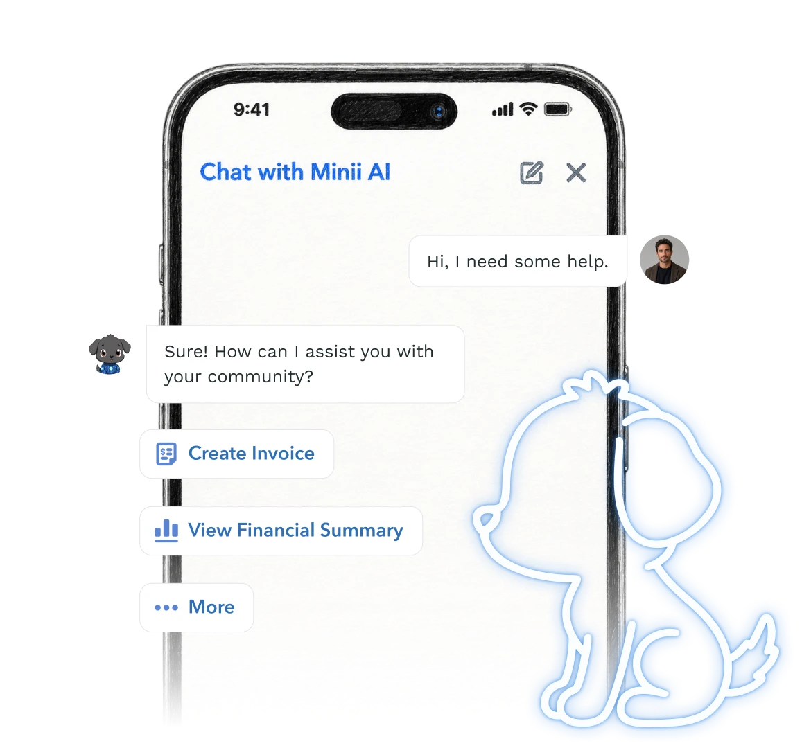 Minii AI assistant in a property management app offering to create an invoice or view a financial summary