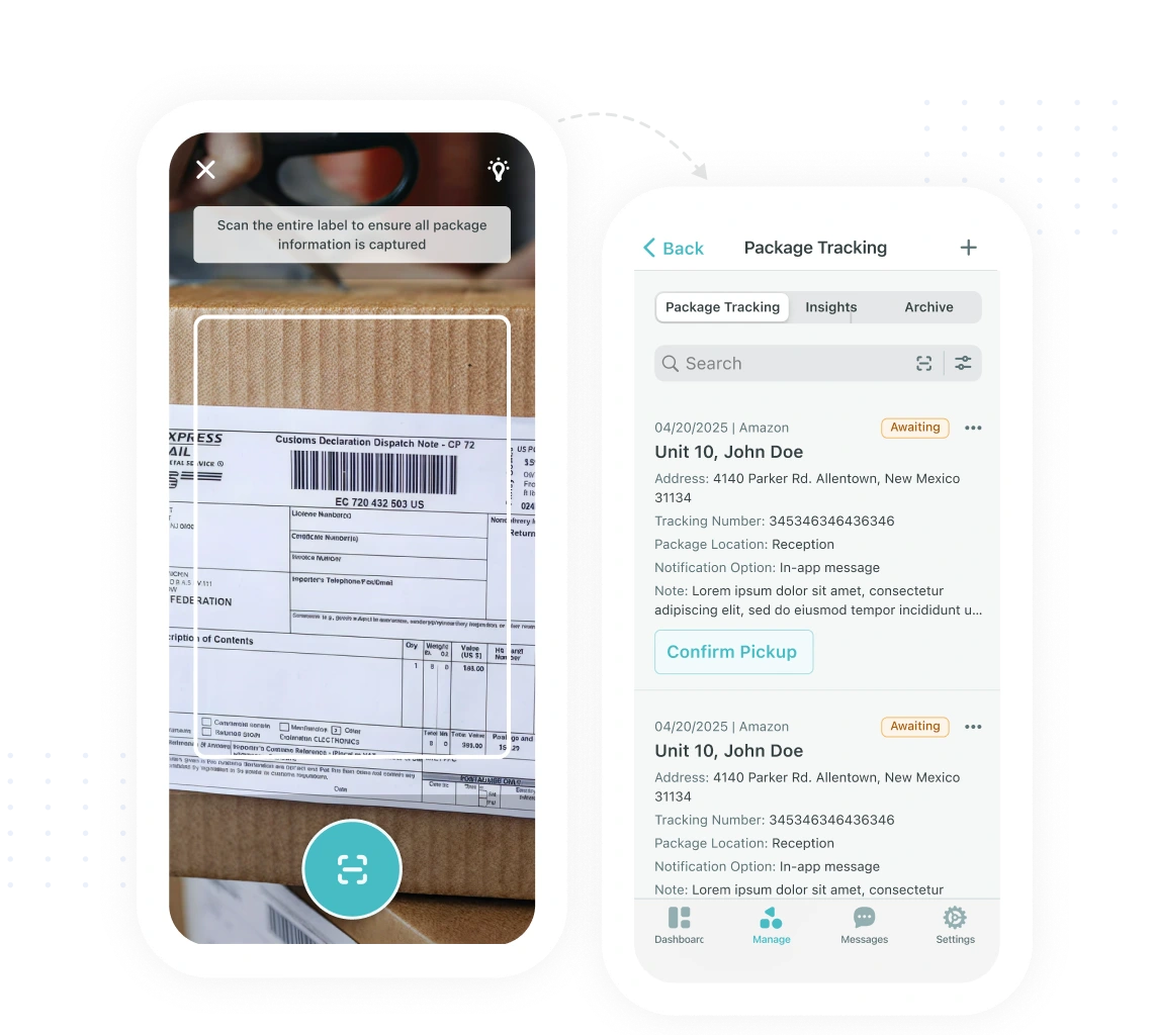 Property management software package tracking dashboard