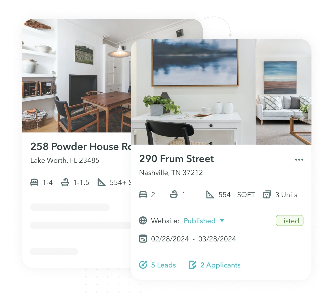 Rental listing cards showing property details, published listing status, leads, and applicants in ManageCasa