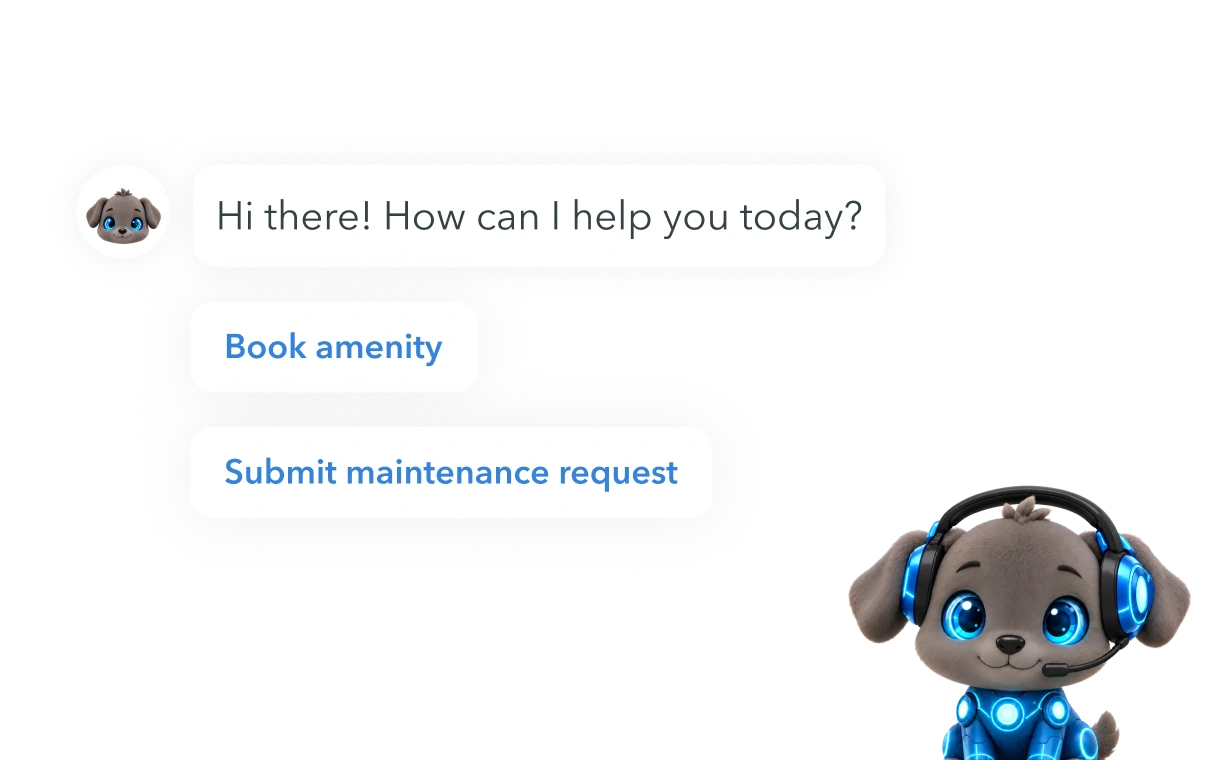 Chat interface with a purple robot dog avatar saying, 'Hi there! How can I help you today?' and buttons labeled 'Book amenity' and 'Submit maintenance request'.