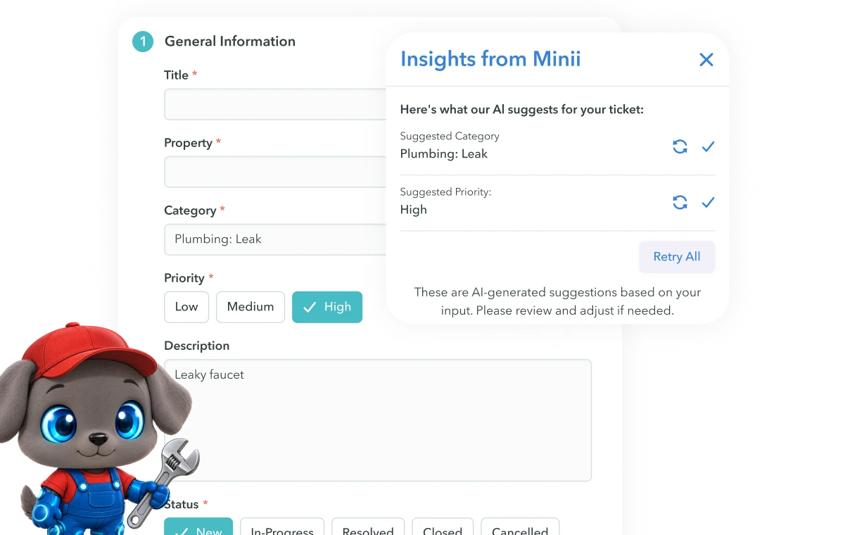 Maintenance ticket form with fields for title, property, category set to Plumbing: Leak, priority set to High, description stating Leaky faucet, and status options. Pop-up titled Insights from Minii shows AI suggestions confirming category as Plumbing: Leak and priority as High. Cartoon dog mechanic holding a wrench in the bottom left corner.