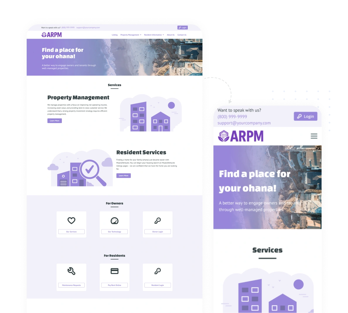 Rental property website built with ManageCasa shown on desktop and mobile, with owner and resident service pages