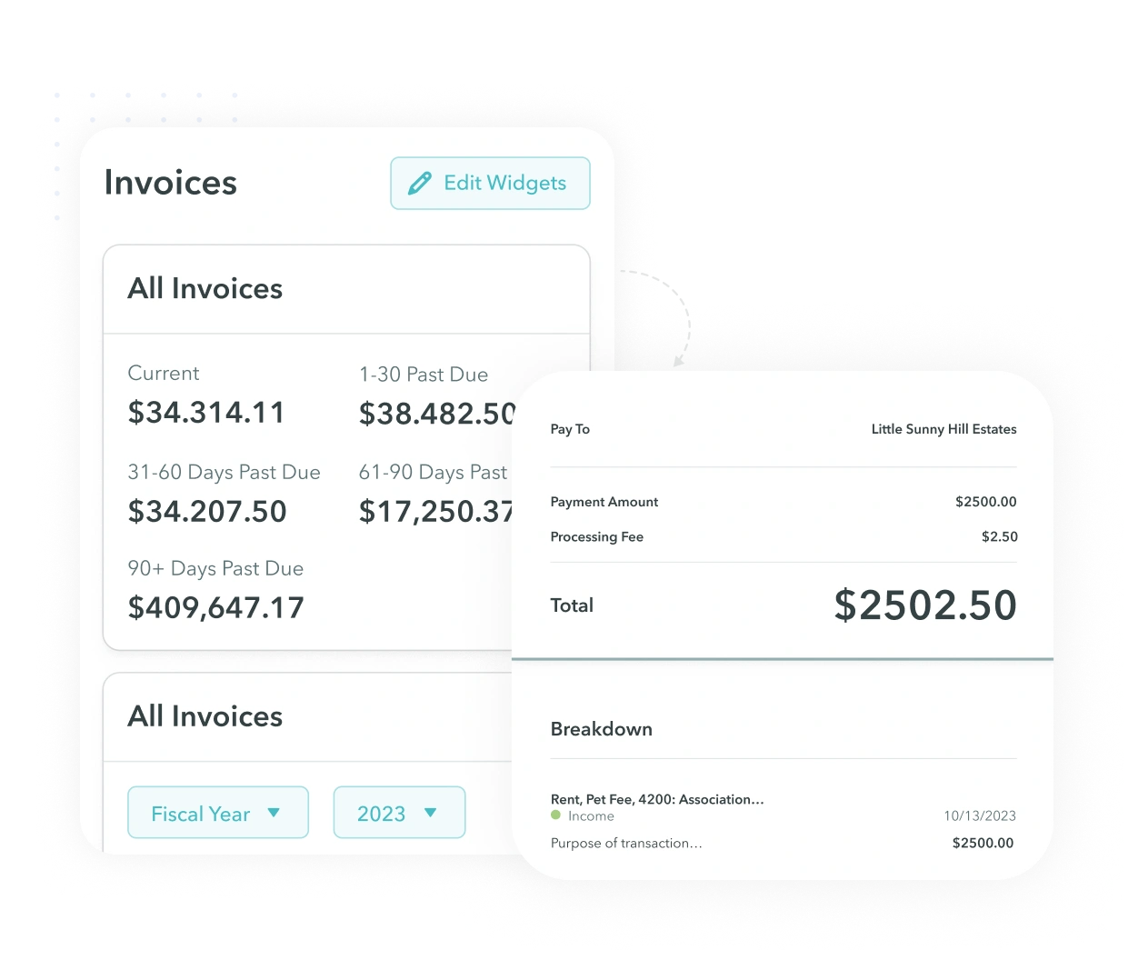 Tenant portal showing a rent payment summary with processing fee, alongside invoice balances grouped by days past due