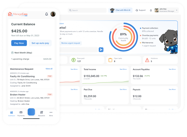 ManageCasa HOA accounting dashboard and resident mobile app