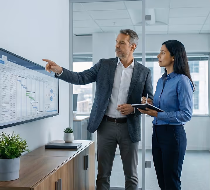 Businessman pointing to a screen showing a project timeline while a woman takes notes on a tablet in a modern office.