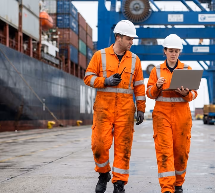 Two dock workers in orange safety suits and white helmets, one holding a walkie-talkie and the other using a laptop, walking near cargo containers at a port.