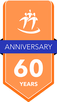 Orange and blue banner with white figures and text celebrating 60 years anniversary.