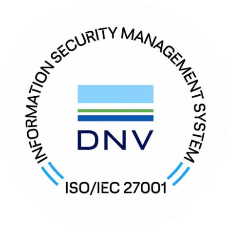 DNV logo with text 'Information Security Management System' above and 'ISO/IEC 27001' below in a circular design.