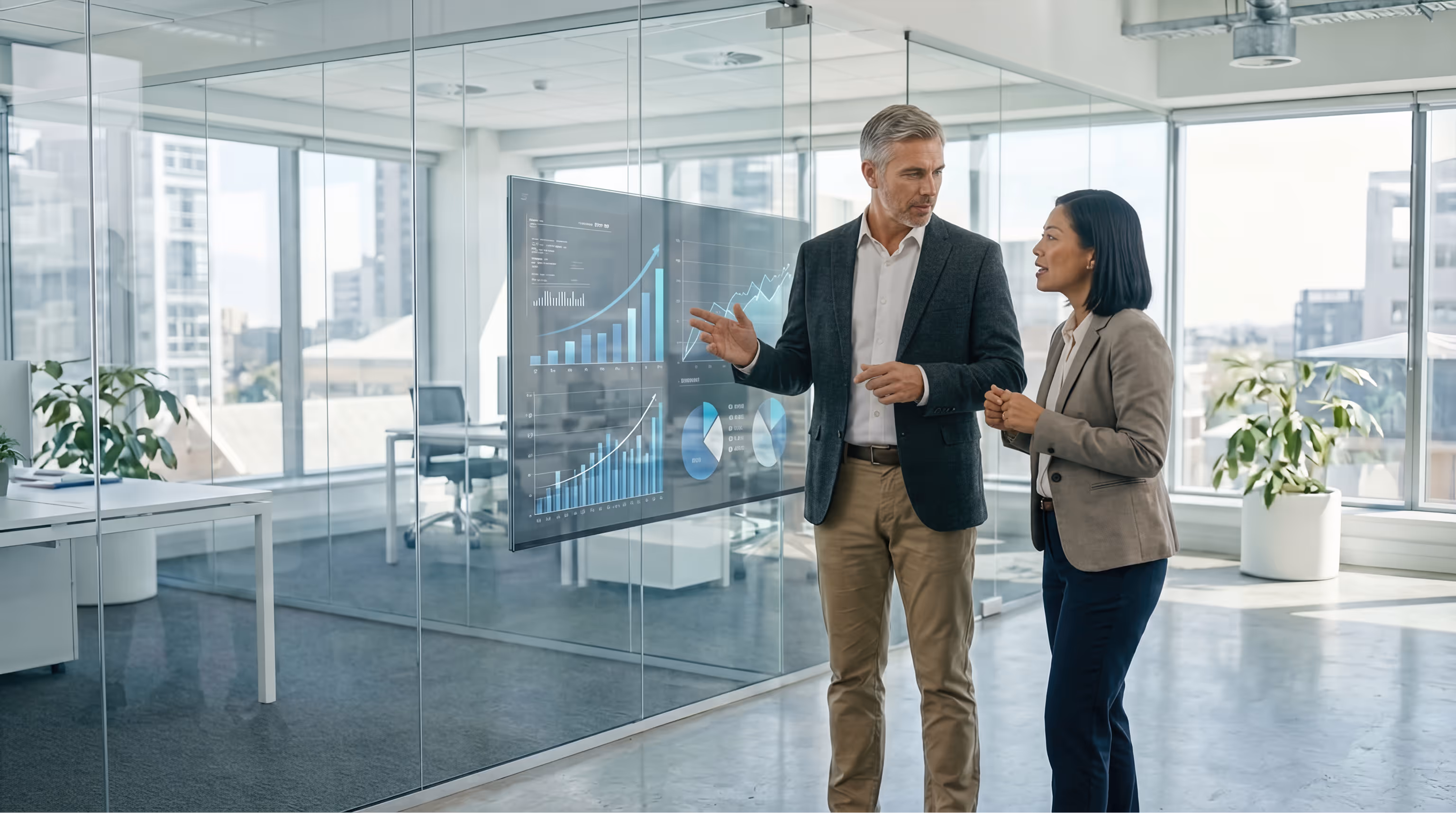 Two professionals in an office discussing data charts displayed on a transparent screen.