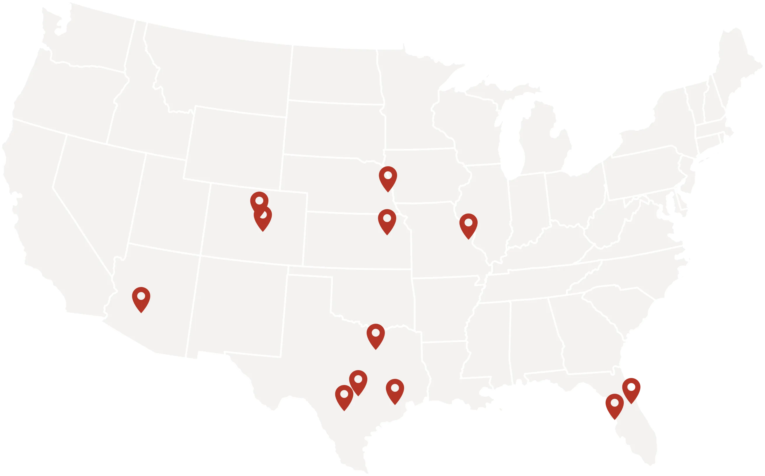U.S. map with marked locations displayed in red on a light background, indicating various sites across the country.