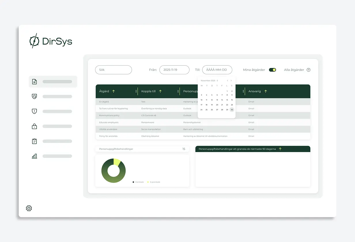 Skärmbild av DirSys användargränssnitt med tabell över åtgärder och diagram över personuppgiftsbehandlingar.