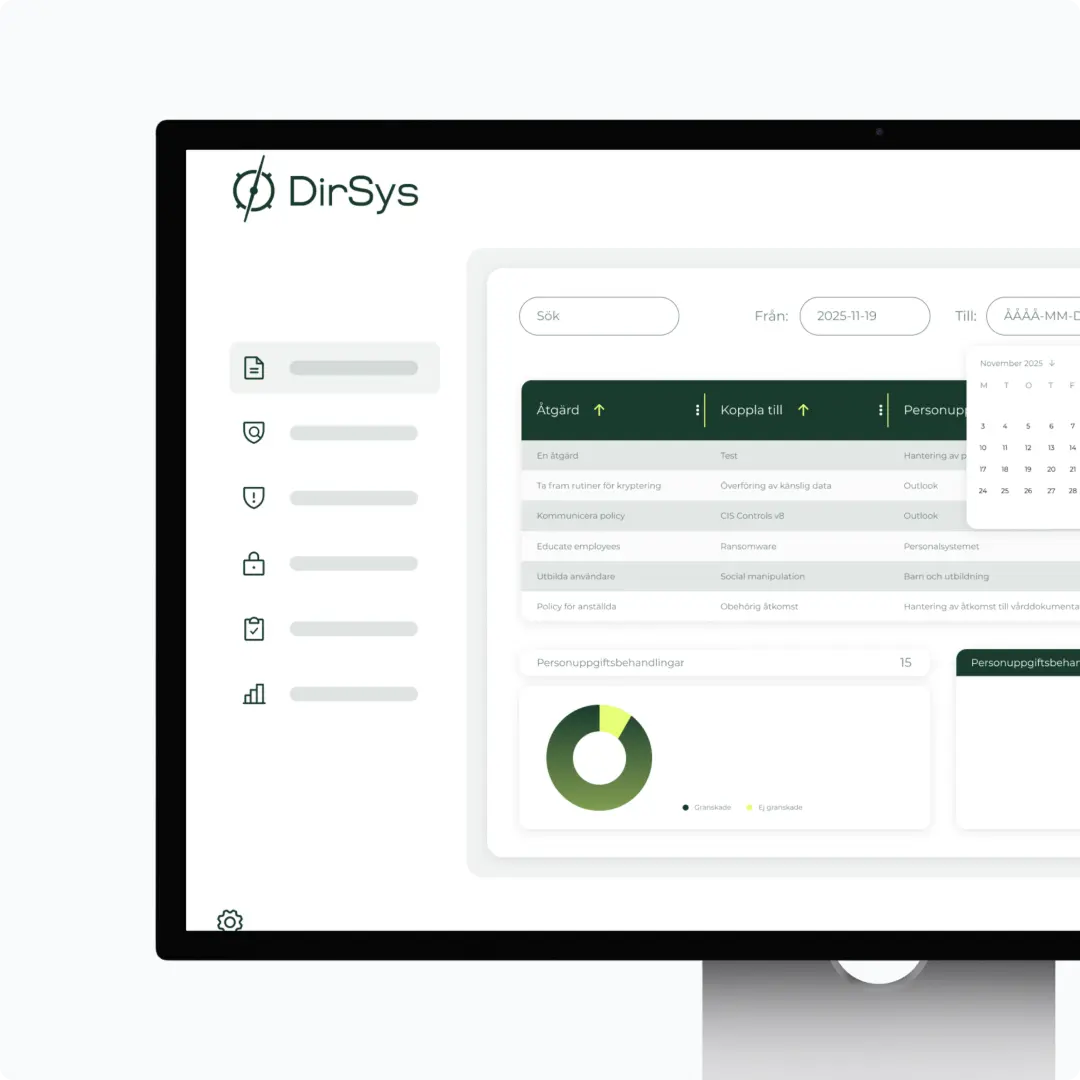 Dataskärm visar DirSys användargränssnitt med en lista över åtgärder, kopplingar och personuppgiftsbehandlingar, inklusive en kalender och cirkeldiagram över granskade data.