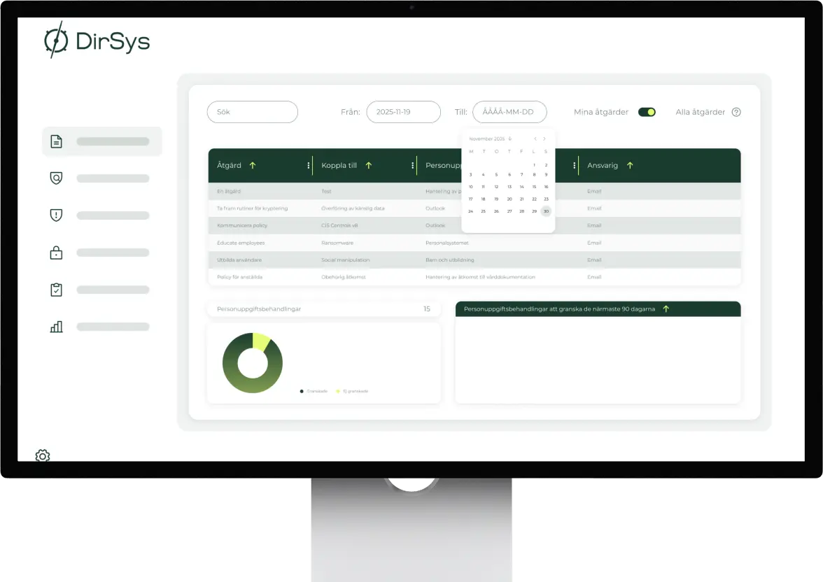 Skärm med DirSys användargränssnitt som visar en tabell över åtgärder, kopplingar, personuppgifter och ansvariga, samt filter för datum och visa mina eller alla åtgärder.