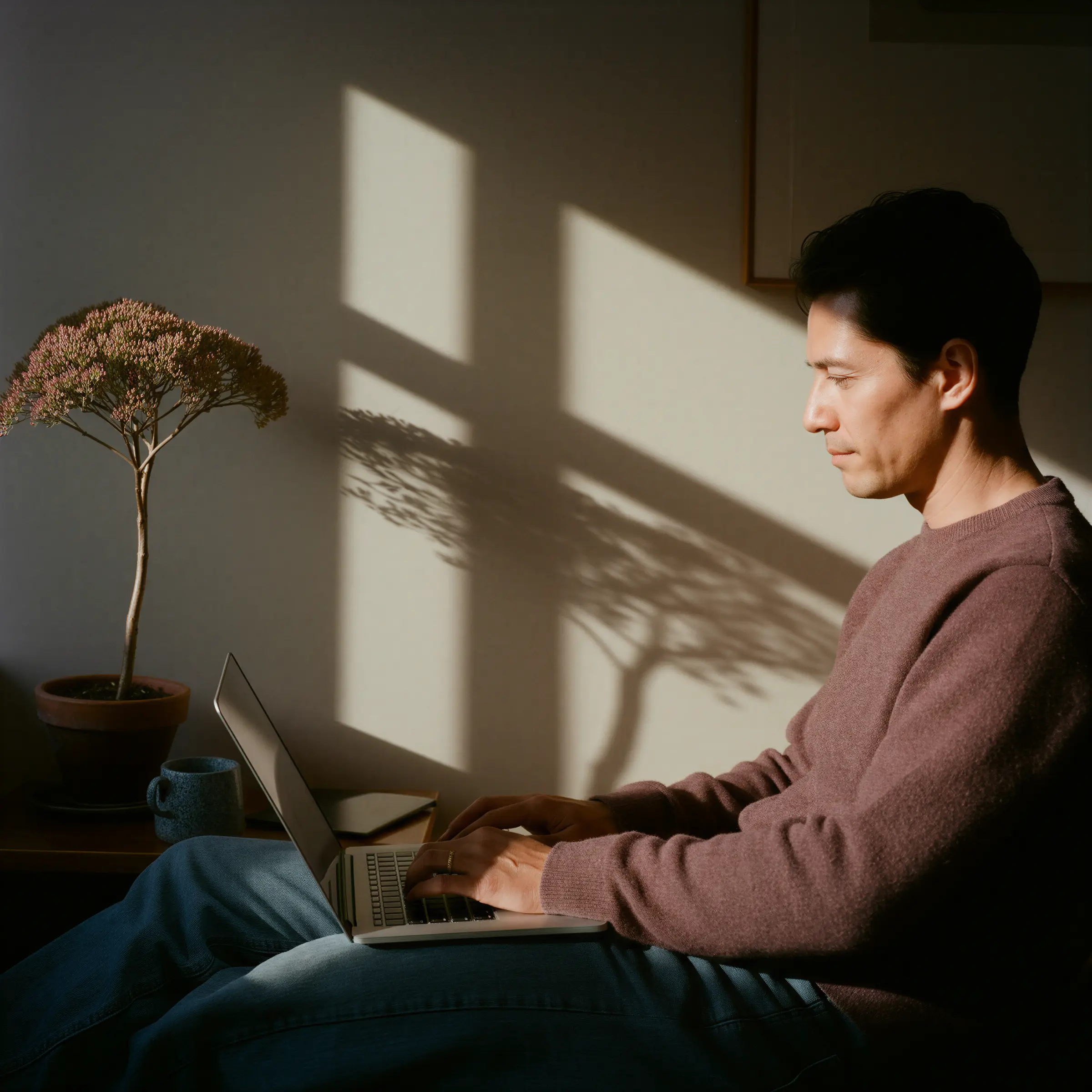 Man som sitter vid ett fönster och skriver på en laptop med skuggan av ett blommande litet träd på väggen bakom.