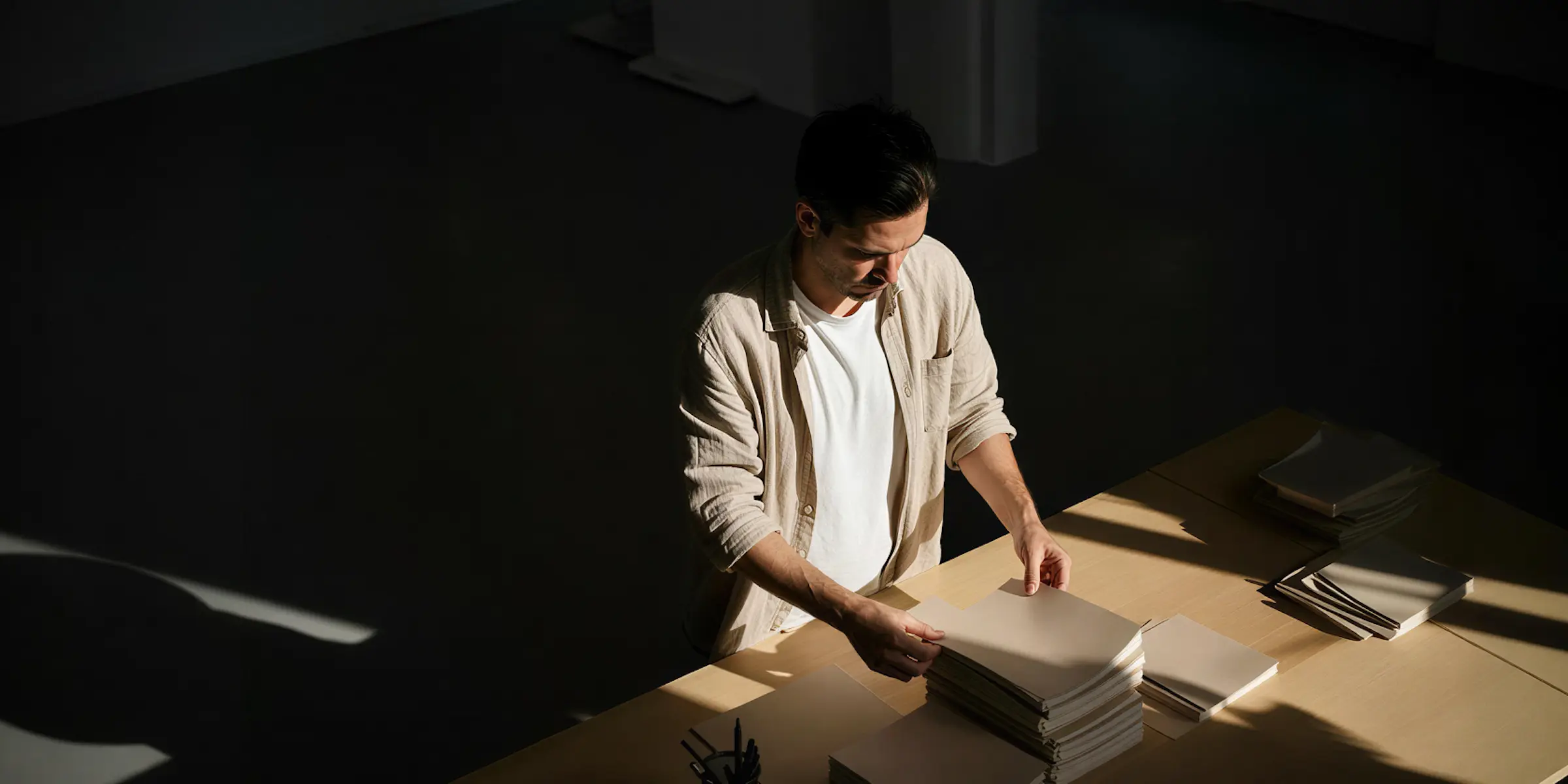 Man som sorterar och organiserar buntar med papper på ett bord i ett mörkt rum med ljus från sidan.