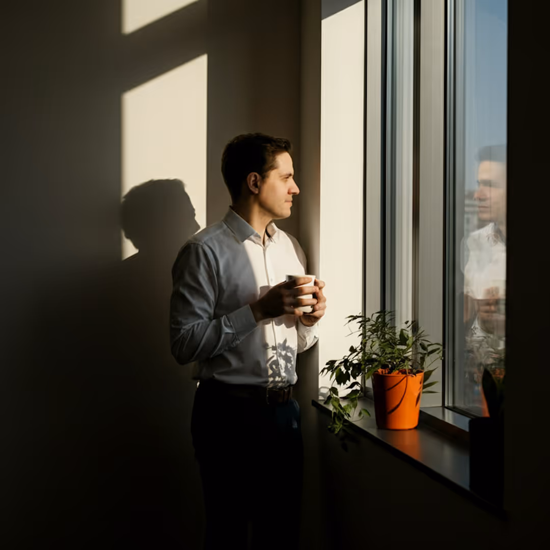 Man in white shirt holding a cup, standing by a window with sunlight casting shadows and a potted plant on the windowsill.